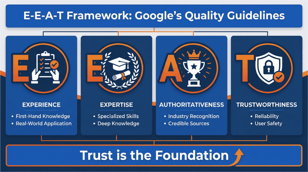 E-E-A-T framework infographic showing four pillars: Experience, Expertise, Authoritativeness, and Trustworthiness with trust as the foundation