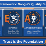E-E-A-T framework infographic showing four pillars: Experience, Expertise, Authoritativeness, and Trustworthiness with trust as the foundation