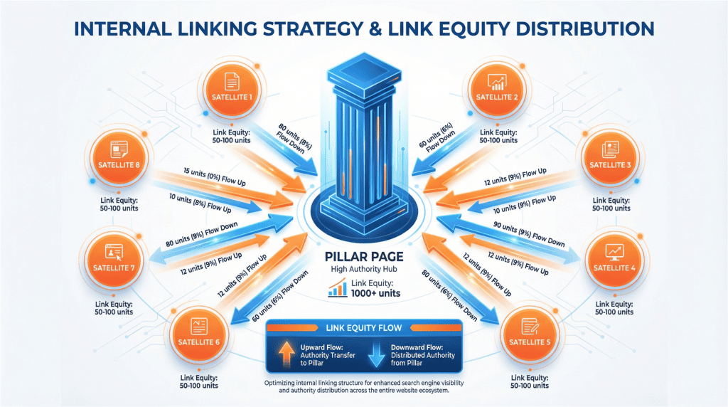 Internal linking strategy diagram showing pillar page receiving link equity from 8 satellite pages with bidirectional authority flow