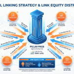 Internal linking strategy diagram showing pillar page receiving link equity from 8 satellite pages with bidirectional authority flow