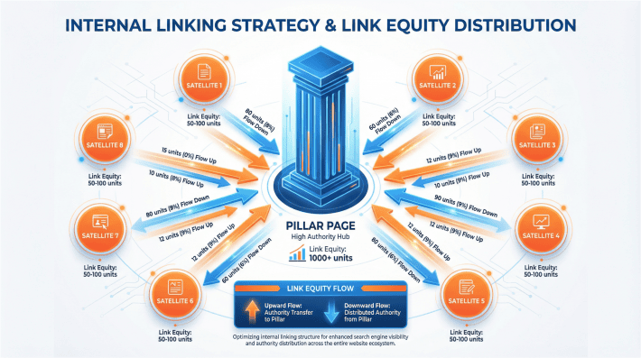 Internal linking strategy diagram showing pillar page receiving link equity from 8 satellite pages with bidirectional authority flow