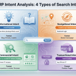 SERP intent analysis infographic showing four types of search intent: informational, navigational, commercial, and transactional with examples and content formats