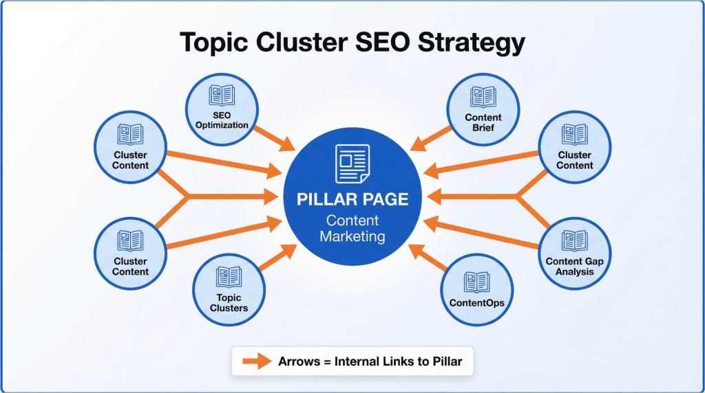Topic cluster SEO strategy diagram showing pillar page connected to satellite content articles