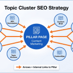 Topic cluster SEO strategy diagram showing pillar page connected to satellite content articles