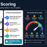 Content Scoring infographic – 4 dimensions, workflow, and score scale by Contadu