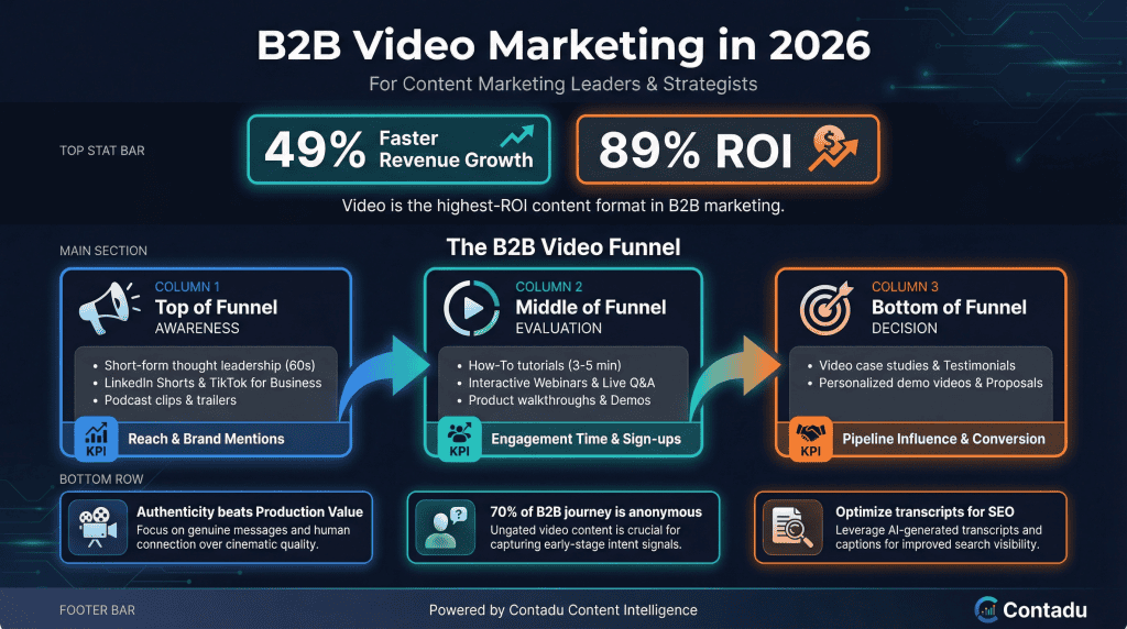 B2B video marketing 2026 infographic showing 49% faster revenue growth and 89% ROI from video, a three-stage B2B video funnel mapping content formats to buyer journey stages — short-form LinkedIn Shorts for awareness, how-to tutorials and webinars for evaluation, and personalized demo videos and video case studies for decision — with KPIs: reach and brand mentions, engagement time and sign-ups, pipeline influence and conversion.