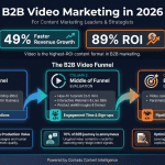 B2B video marketing 2026 infographic showing 49% faster revenue growth and 89% ROI from video, a three-stage B2B video funnel mapping content formats to buyer journey stages — short-form LinkedIn Shorts for awareness, how-to tutorials and webinars for evaluation, and personalized demo videos and video case studies for decision — with KPIs: reach and brand mentions, engagement time and sign-ups, pipeline influence and conversion.