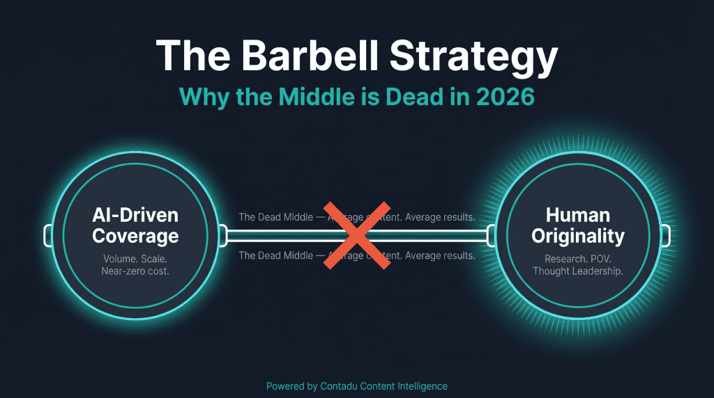 Horizontal featured image showing a teal barbell with two weight plates. Left plate: AI-Driven Coverage — Volume, Scale, Near-zero cost. Right plate: Human Originality — Research, POV, Thought Leadership. Center bar crossed out with a red X labeled The Dead Middle — Average content, average results. Powered by Contadu Content Intelligence