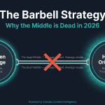 Horizontal featured image showing a teal barbell with two weight plates. Left plate: AI-Driven Coverage — Volume, Scale, Near-zero cost. Right plate: Human Originality — Research, POV, Thought Leadership. Center bar crossed out with a red X labeled The Dead Middle — Average content, average results. Powered by Contadu Content Intelligence