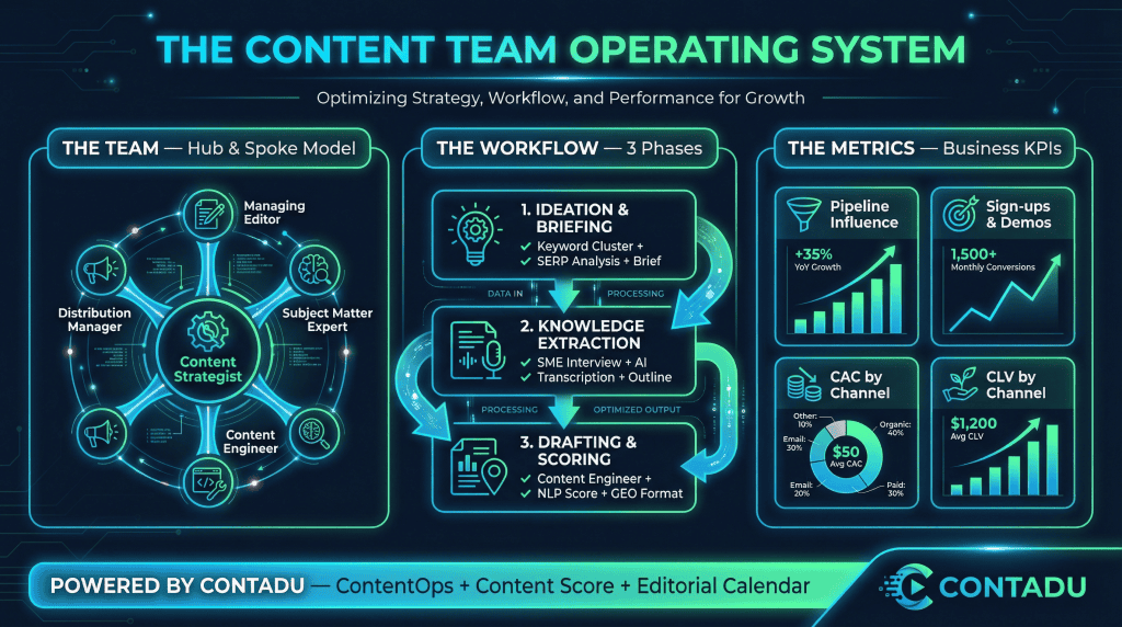 Content team operating system infographic showing the hub and spoke team model with Content Strategist at center, a 3-phase AI-augmented workflow from ideation and briefing through knowledge extraction to drafting and NLP scoring, and four business KPIs: pipeline influence, sign-ups and demos, CAC by channel, and CLV by channel — powered by Contadu ContentOps.