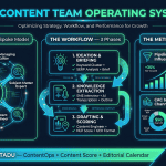 Content team operating system infographic showing the hub and spoke team model with Content Strategist at center, a 3-phase AI-augmented workflow from ideation and briefing through knowledge extraction to drafting and NLP scoring, and four business KPIs: pipeline influence, sign-ups and demos, CAC by channel, and CLV by channel — powered by Contadu ContentOps.