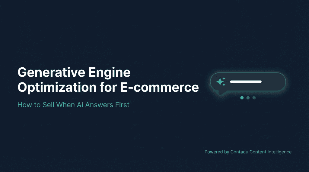 Minimalist featured image for GEO for E-commerce article — title and AI search bubble icon on dark navy background