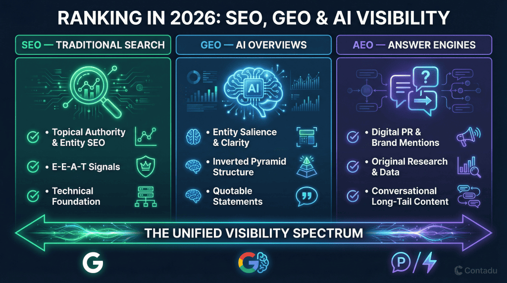 Ranking in 2026 infographic showing the Unified Visibility Spectrum across three channels: traditional SEO optimized for Google blue links via topical authority and E-E-A-T, GEO optimized for Google AI Overviews via entity salience and inverted pyramid structure, and AEO optimized for ChatGPT and Perplexity via digital PR and original research data.