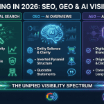 Ranking in 2026 infographic showing the Unified Visibility Spectrum across three channels: traditional SEO optimized for Google blue links via topical authority and E-E-A-T, GEO optimized for Google AI Overviews via entity salience and inverted pyramid structure, and AEO optimized for ChatGPT and Perplexity via digital PR and original research data.