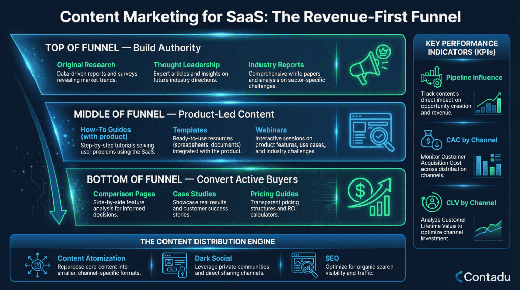 SaaS content marketing infographic showing the Revenue-First Funnel strategy — starting with Bottom of Funnel conversion content (comparison pages, case studies, pricing guides), moving to Middle of Funnel product-led content (how-to guides, templates, webinars), and Top of Funnel authority building (original research, thought leadership), with key SaaS KPIs: pipeline influence, CAC by channel, and CLV by channel.