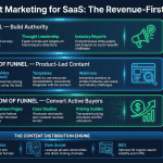 SaaS content marketing infographic showing the Revenue-First Funnel strategy — starting with Bottom of Funnel conversion content (comparison pages, case studies, pricing guides), moving to Middle of Funnel product-led content (how-to guides, templates, webinars), and Top of Funnel authority building (original research, thought leadership), with key SaaS KPIs: pipeline influence, CAC by channel, and CLV by channel.