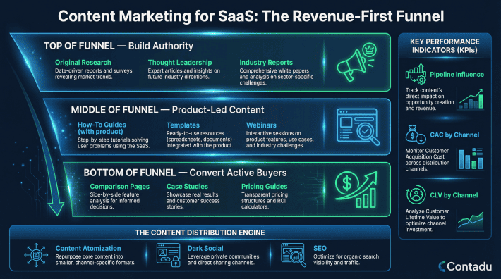 SaaS content marketing infographic showing the Revenue-First Funnel strategy — starting with Bottom of Funnel conversion content (comparison pages, case studies, pricing guides), moving to Middle of Funnel product-led content (how-to guides, templates, webinars), and Top of Funnel authority building (original research, thought leadership), with key SaaS KPIs: pipeline influence, CAC by channel, and CLV by channel.
