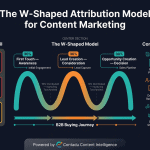 W-shaped attribution model infographic for content marketing showing why first-touch, last-touch, and linear attribution fail in B2B, the W-shaped curve distributing 30% credit to first touch awareness, 30% to lead creation consideration, 30% to opportunity creation decision, and 10% to nurturing touchpoints, with recommended content formats for each stage including pillar pages, original research, and case studies.