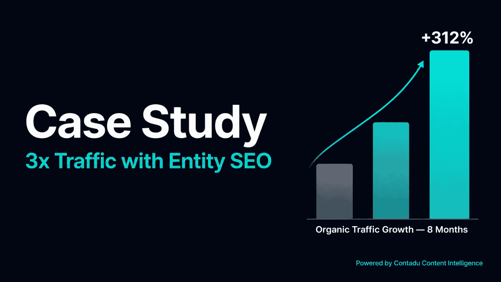 Minimalist dark navy chart showing three progressively taller bars growing from grey to teal, with a +312% label and upward arrow, illustrating the organic traffic growth achieved through an Entity SEO strategy over 8 months