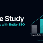 Minimalist dark navy chart showing three progressively taller bars growing from grey to teal, with a +312% label and upward arrow, illustrating the organic traffic growth achieved through an Entity SEO strategy over 8 months