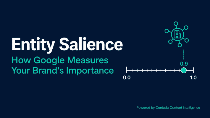 Dark navy background with bold white title Entity Salience and teal subtitle How Google Measures Your Brand's Importance. Right side shows a horizontal score bar from 0.0 to 1.0 with a glowing teal marker at 0.9, and a teal entity node icon connected to smaller nodes above the bar. Bottom right: Powered by Contadu Content Intelligence.