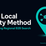 Dark navy background with bold white title The Local Entity Method and teal subtitle Dominating Regional B2B Search. Right side shows a large teal map pin icon with a glowing node-and-connection knowledge graph inside the pin, representing local entity relationships. Powered by Contadu Content Intelligence.
