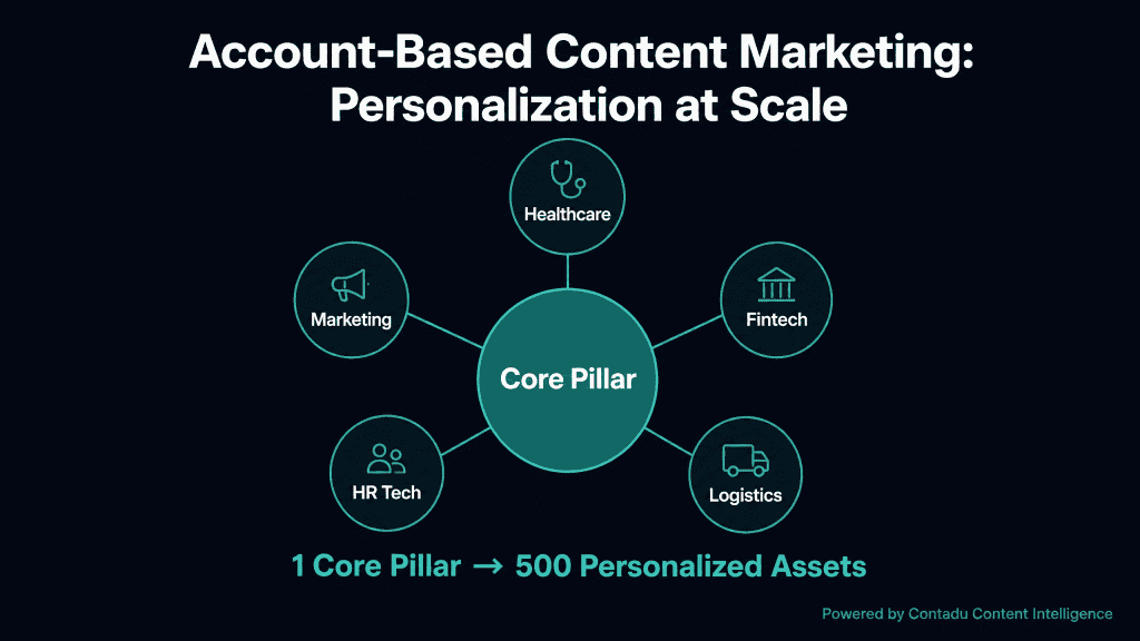 Account-Based Content Marketing hub-and-spoke diagram: Core Pillar in center connected to 5 industry circles — Healthcare, Fintech, Logistics, HR Tech, Marketing — subtitle: 1 Core Pillar → 500 Personalized Assets, powered by Contadu