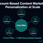 Account-Based Content Marketing hub-and-spoke diagram: Core Pillar in center connected to 5 industry circles — Healthcare, Fintech, Logistics, HR Tech, Marketing — subtitle: 1 Core Pillar → 500 Personalized Assets, powered by Contadu