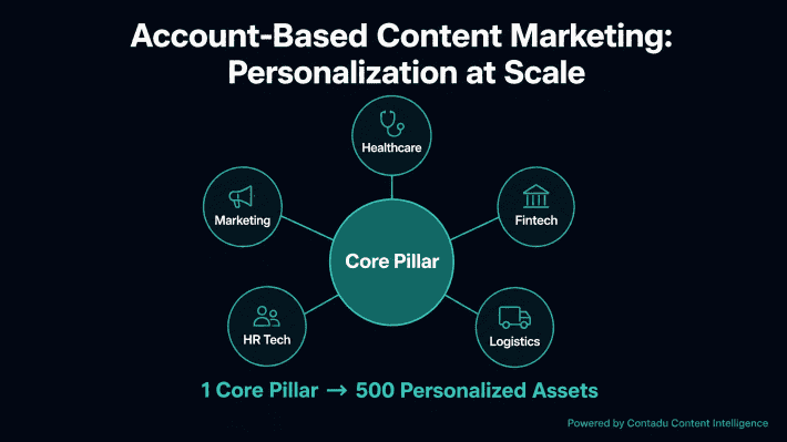 Account-Based Content Marketing hub-and-spoke diagram: Core Pillar in center connected to 5 industry circles — Healthcare, Fintech, Logistics, HR Tech, Marketing — subtitle: 1 Core Pillar → 500 Personalized Assets, powered by Contadu