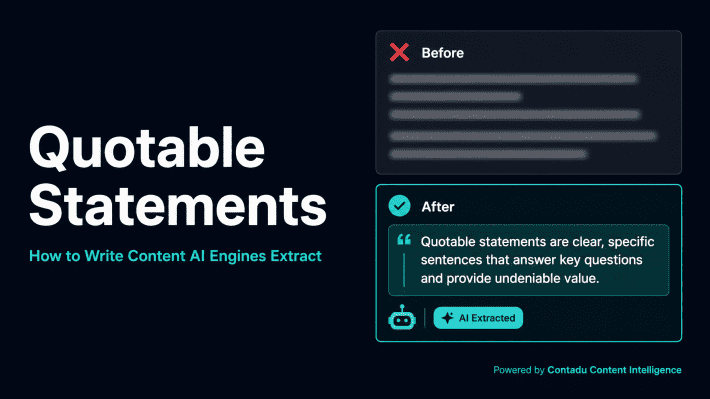 Quotable Statements guide — Before card showing blurry vague text versus After card showing a clear teal blockquote with AI Extracted badge, illustrating how to write content AI engines extract