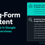 Long-Form Content Dual-Structure Architecture — document split into 20% Extraction Zone (AI Reads Here, teal) and 80% Authority Zone (Google Ranks Here, dark grey), powered by Contadu