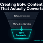 Marketing funnel diagram with three sections: ToFu Awareness (grey ), MoFu Consideration (grey), BoFu Conversion (teal, glowing) — Creating BoFu Content That Actually Converts, powered by Contadu Content Intelligence