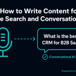 Voice Search and Conversational AI content guide — microphone to speech bubble diagram showing the shift from keyword queries to natural language questions, powered by Contadu Content Intelligence
