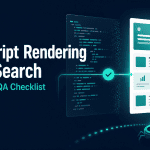 JavaScript rendering QA checklist showing raw source code transforming into a crawlable web page for AI search