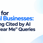 Featured image for the article "GEO for Local Businesses: Getting Cited by AI for 'Near Me' Queries" with a minimalist blue and white design.