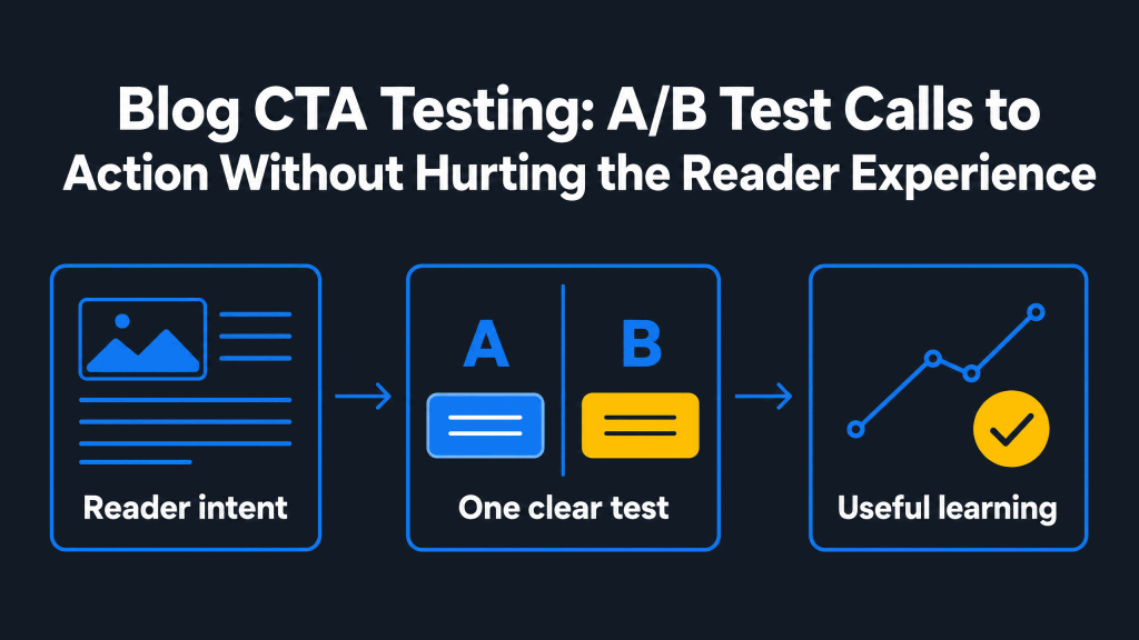 Infographic titled “Blog CTA Testing: A/B Test Calls to Action Without Hurting the Reader Experience” showing a three-step process from reader intent to one clear test to useful learning.