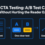Infographic titled “Blog CTA Testing: A/B Test Calls to Action Without Hurting the Reader Experience” showing a three-step process from reader intent to one clear test to useful learning.