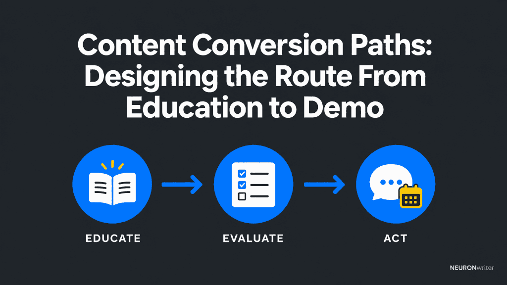Infographic titled “Content Conversion Paths: Designing the Route From Education to Demo” showing a three-step reader journey from useful education to evaluation to a qualified conversation.