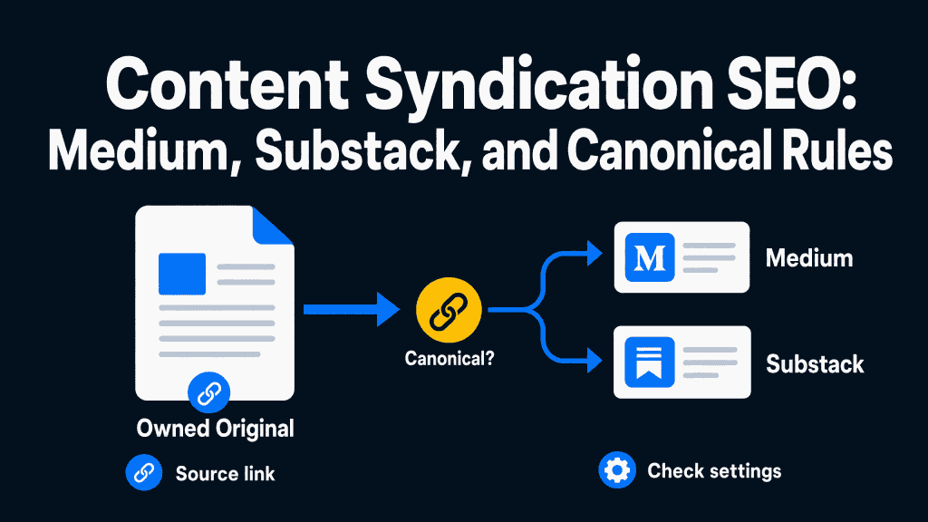 Infographic showing an owned original article flowing through a canonical check to Medium and Substack beneath the title Content Syndication SEO: Medium, Substack, and Canonical Rules