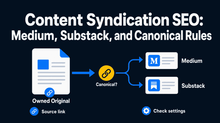 Infographic showing an owned original article flowing through a canonical check to Medium and Substack beneath the title Content Syndication SEO: Medium, Substack, and Canonical Rules