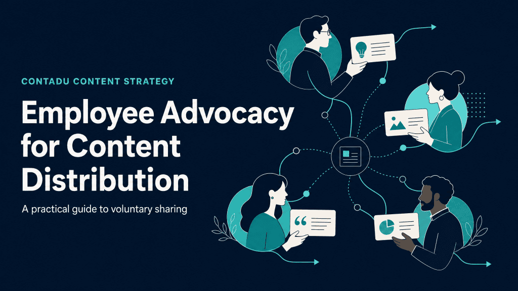 Employee advocacy content distribution showing four professionals sharing useful content from a central knowledge hub
