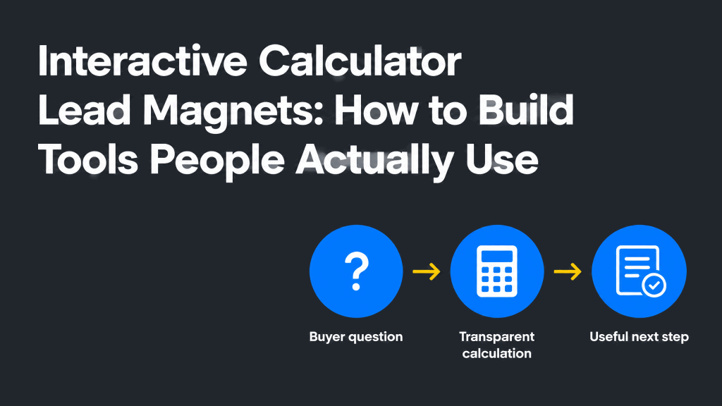 Infographic titled “Interactive Calculator Lead Magnets: How to Build Tools People Actually Use” showing a three-step path from buyer question to transparent calculation to useful next step.