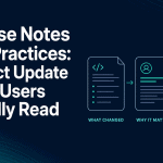 Release notes best practices infographic with a technical update transformed into a user action