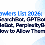 Minimalist featured image with the title "AI Crawlers List 2026: OAI-SearchBot, GPTBot, ClaudeBot, PerplexityBot and How to Allow Them" on a white background with blue gradient accents.