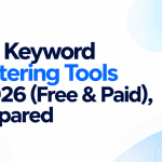 Minimalist featured image with the title "Best Keyword Clustering Tools in 2026 (Free & Paid), Compared" on a white background with blue gradient accents.