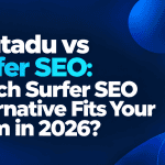 Minimalist featured image with the title "Contadu vs Surfer SEO: Which Surfer SEO Alternative Fits Your Team in 2026?" on a dark navy background with blue and cyan gradient accents.
