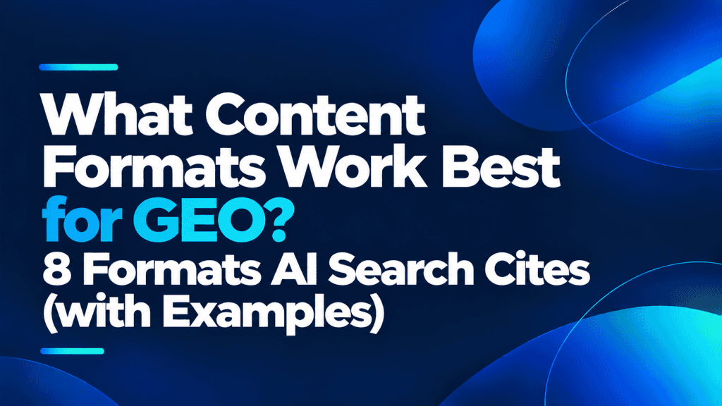 Minimalist featured image with the title "What Content Formats Work Best for GEO? 8 Formats AI Search Cites (with Examples)" on a dark navy background with blue and cyan gradient accents.