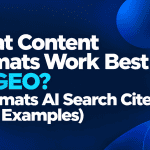 Minimalist featured image with the title "What Content Formats Work Best for GEO? 8 Formats AI Search Cites (with Examples)" on a dark navy background with blue and cyan gradient accents.