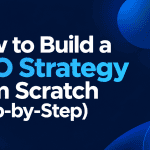 Minimalist featured image with the title "How to Build a GEO Strategy from Scratch (Step-by-Step)" on a dark navy background with blue and cyan gradient accents.