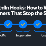 NEURONwriter infographic for “LinkedIn Hooks: How to Write Openers That Stop the Scroll,” showing a five-part quality test for a professional post opening.